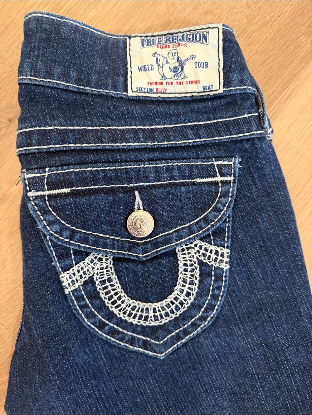 True Religion Dark Blue Straight Leg Jeans with White Stitching